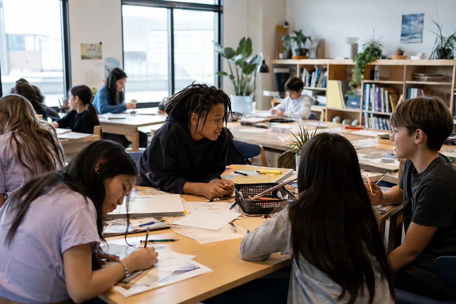 Middle-school students collaborating around shared tables in a bright classroom.